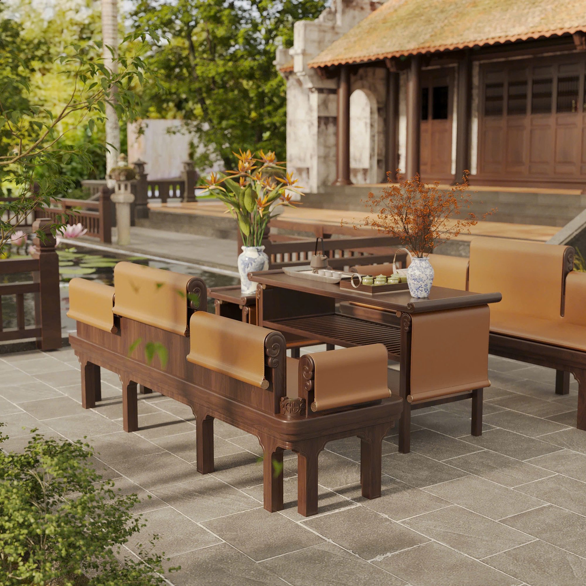 Ghế dài Tràng Kỷ gỗ óc chó - không gian sân vườn 1