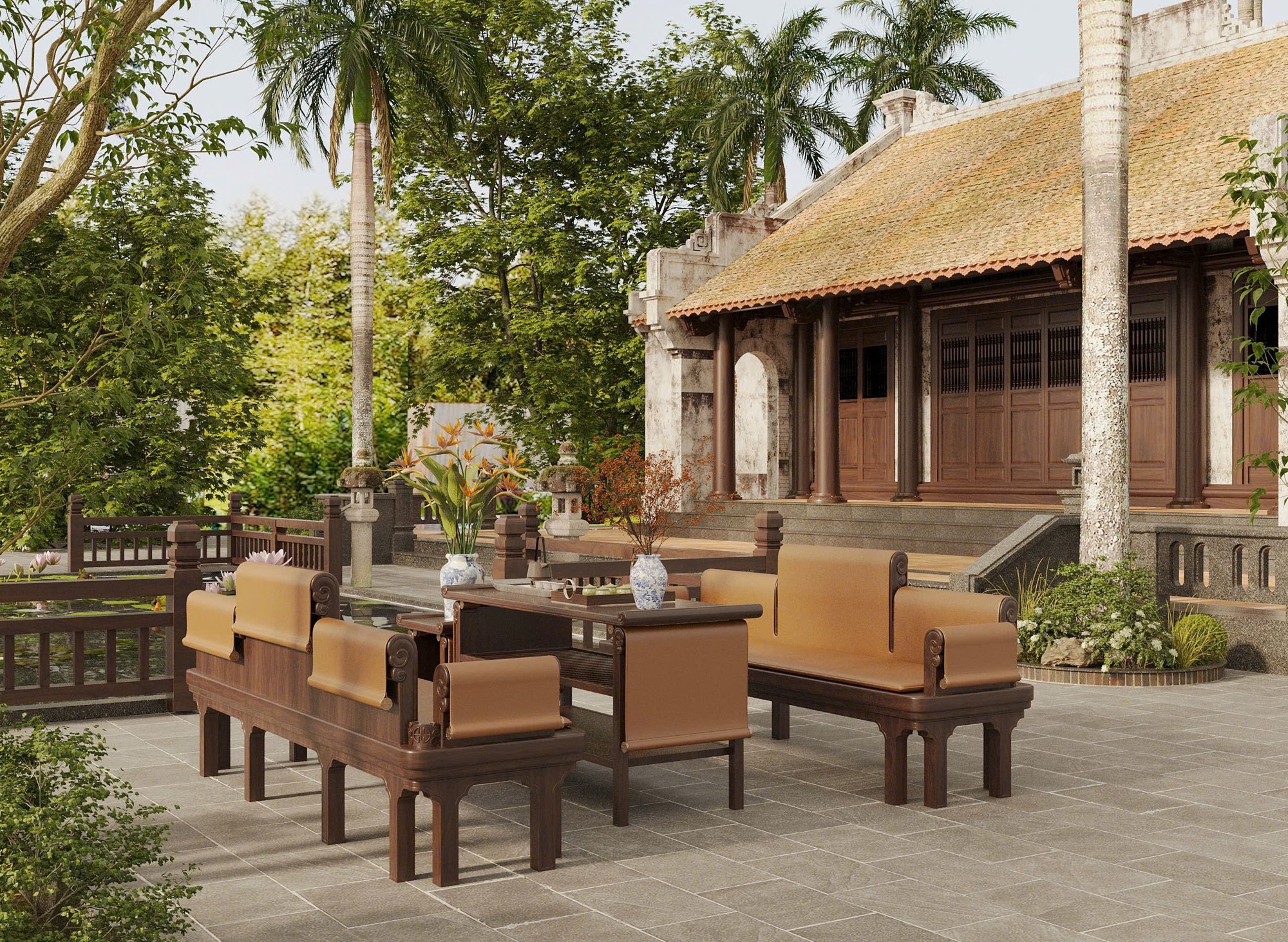 Ghế dài Tràng Kỷ gỗ óc chó - không gian sân vườn 2