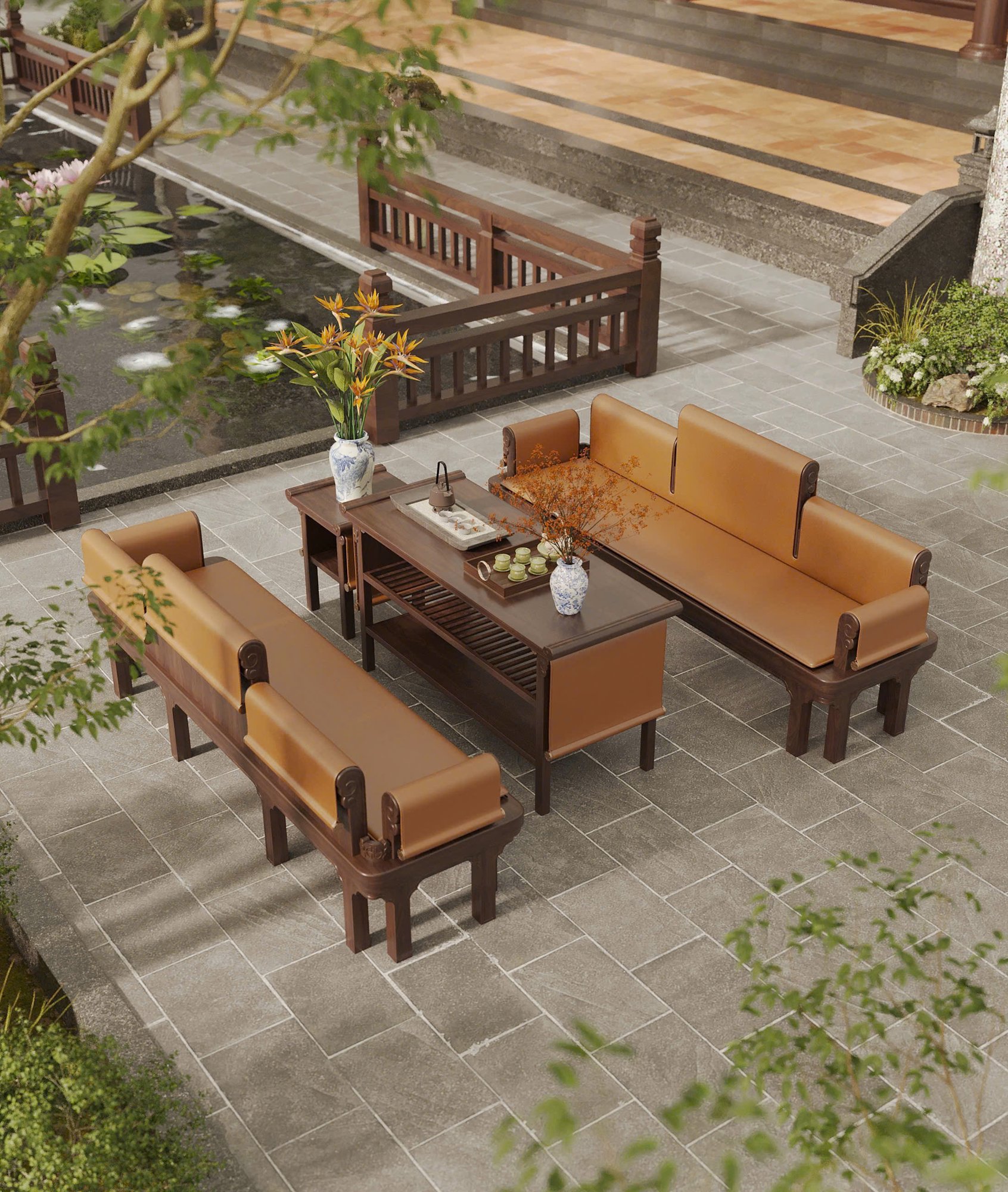 Ghế dài Tràng Kỷ gỗ óc chó - không gian sân vườn 3