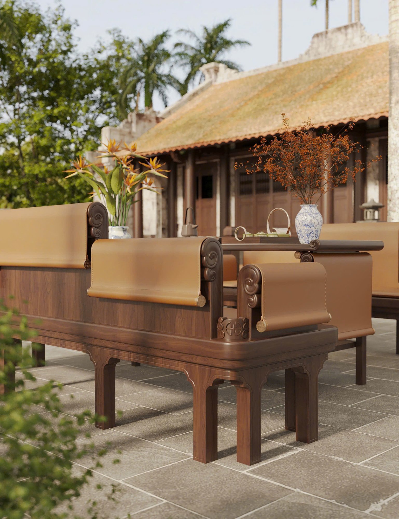 Ghế dài Tràng Kỷ gỗ óc chó - không gian sân vườn 4