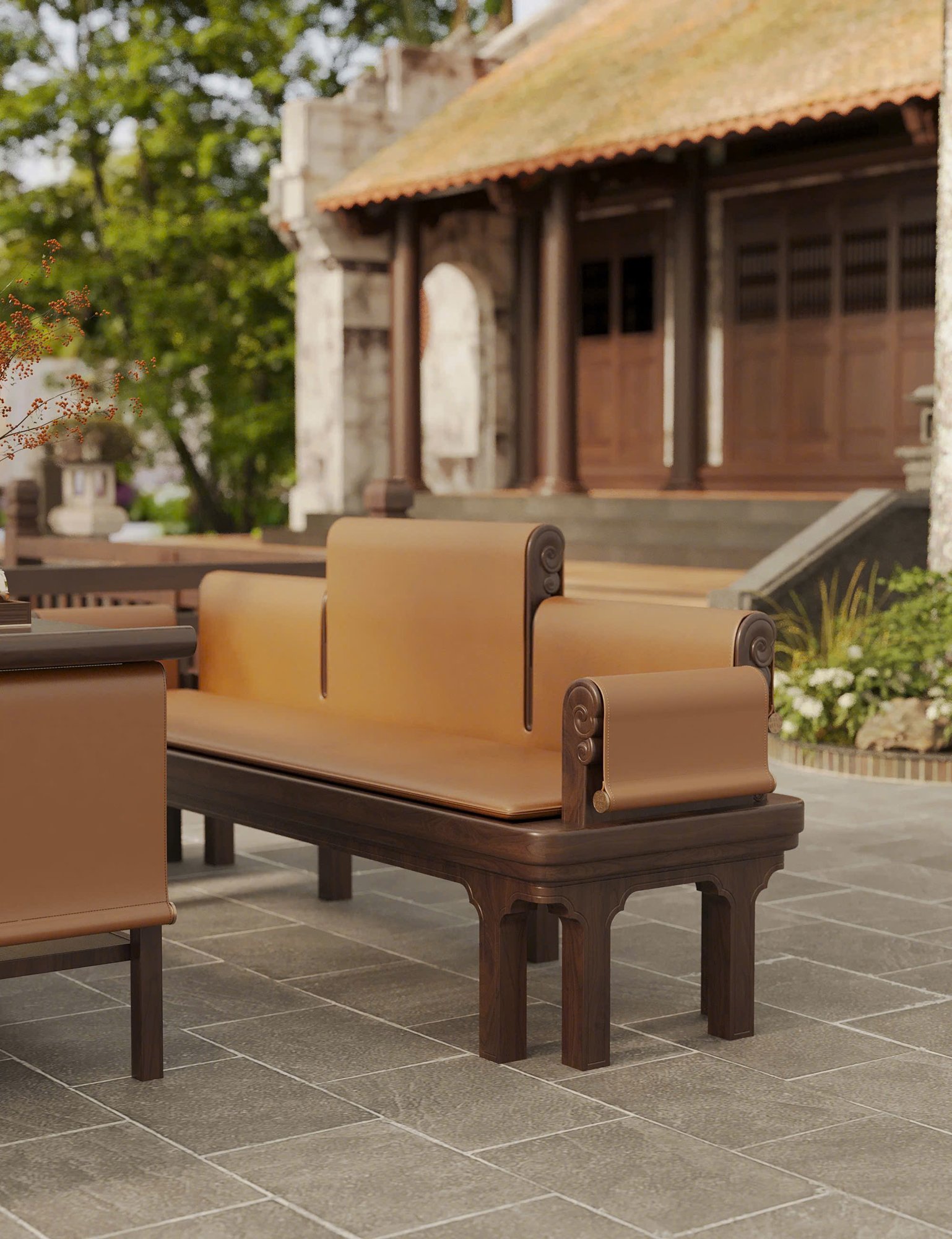 Ghế dài Tràng Kỷ gỗ óc chó - không gian sân vườn 5